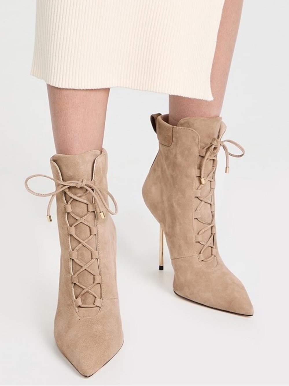 GOOD AMERICAN SCANDAL STONE BEIGE SUEDE STILETTO BOOTS SIZE 8.5